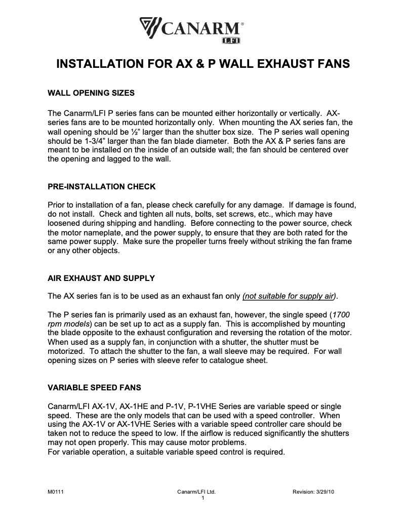 Page 1 of the manual User Manual Canarm AX12-1VHE
