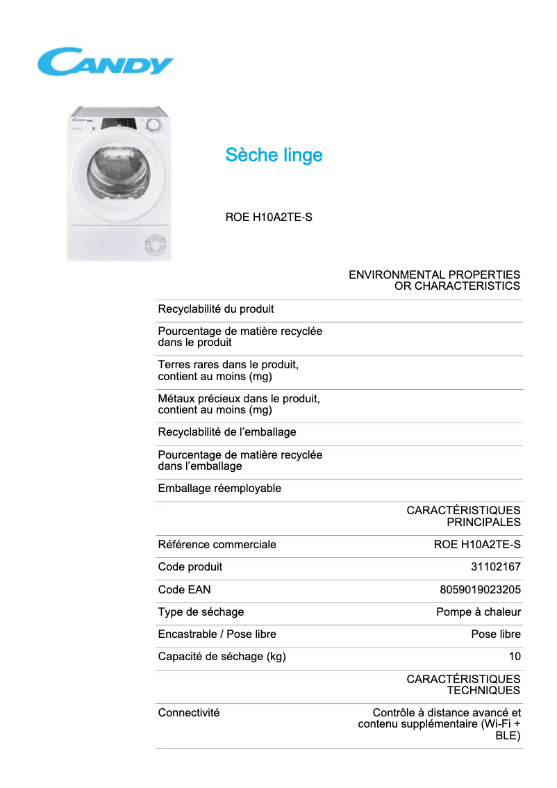 Page 1 of the manual Technical Sheet Candy ROE H10A2TE-S
