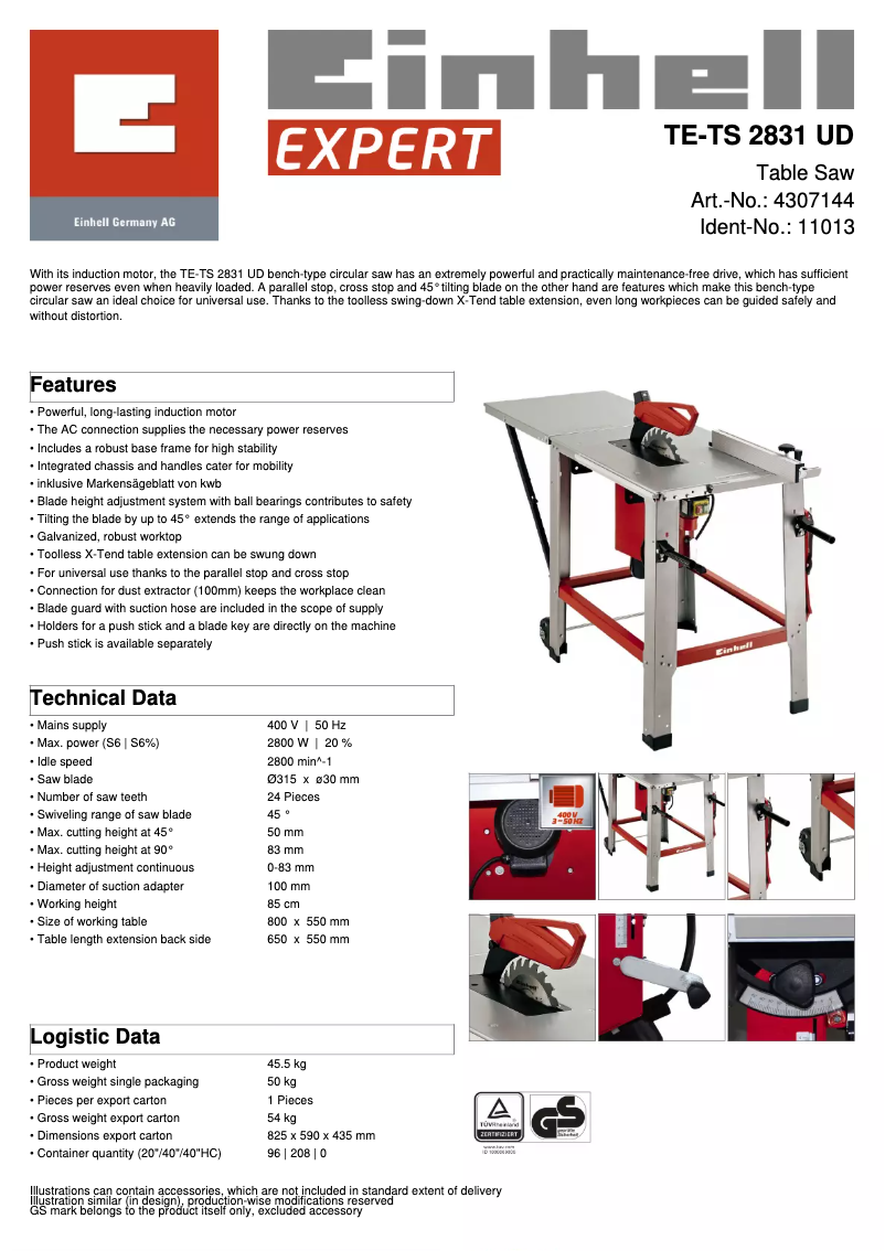 Page 1 of the manual Technical Sheet Einhell TE-TS 2831 UD
