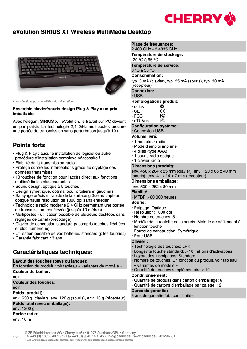 Page 1 of the manual Technical Sheet Cherry eVolution SIRIUS XT