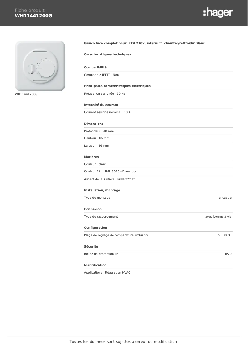 Page 1 of the manual Technical Sheet Hager WH11441200G