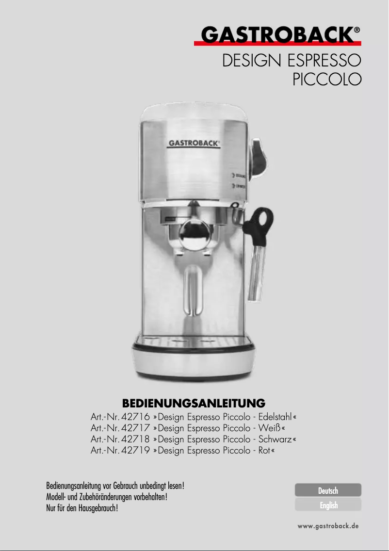 Page 1 of the manual User Manual Gastroback Design Espresso Piccolo 42718