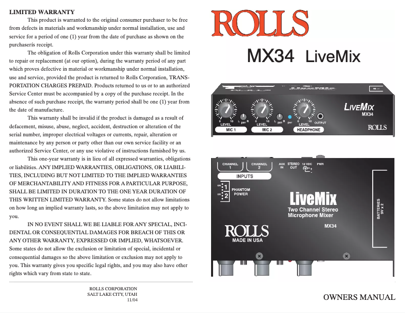 First page image of the manual for LiveMix MX34