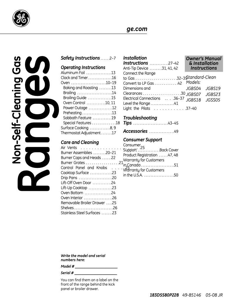 First page image of the manual for JGBS07DEMBB