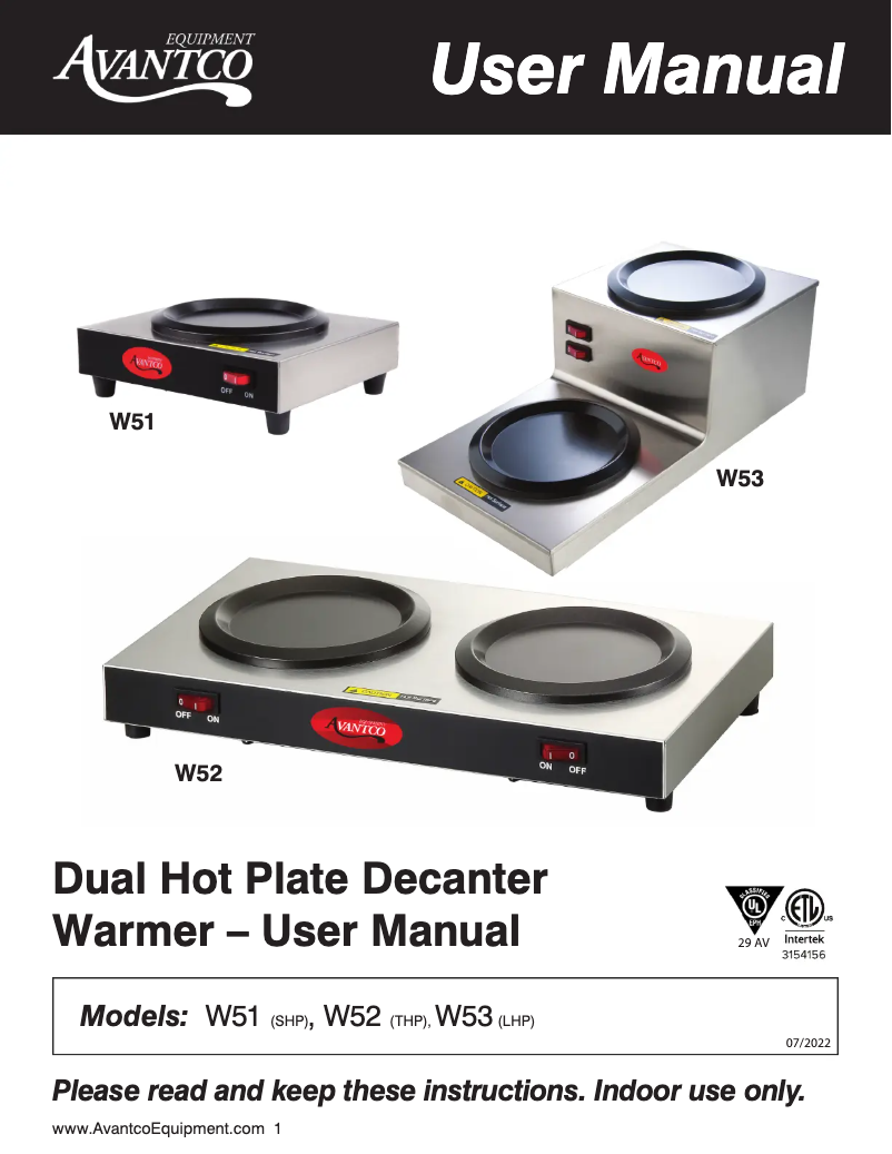 Page 1 of the manual User Manual Avantco W52