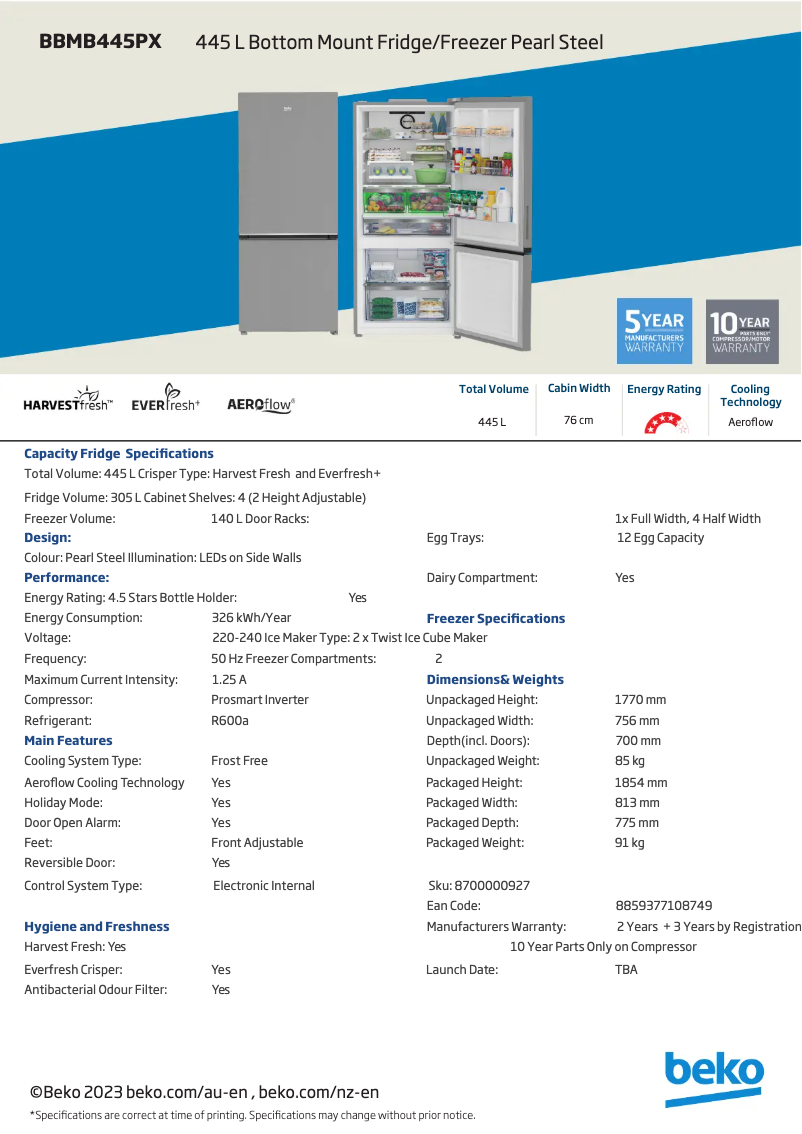 Page 1 of the manual Technical Sheet Beko BBMB445PX