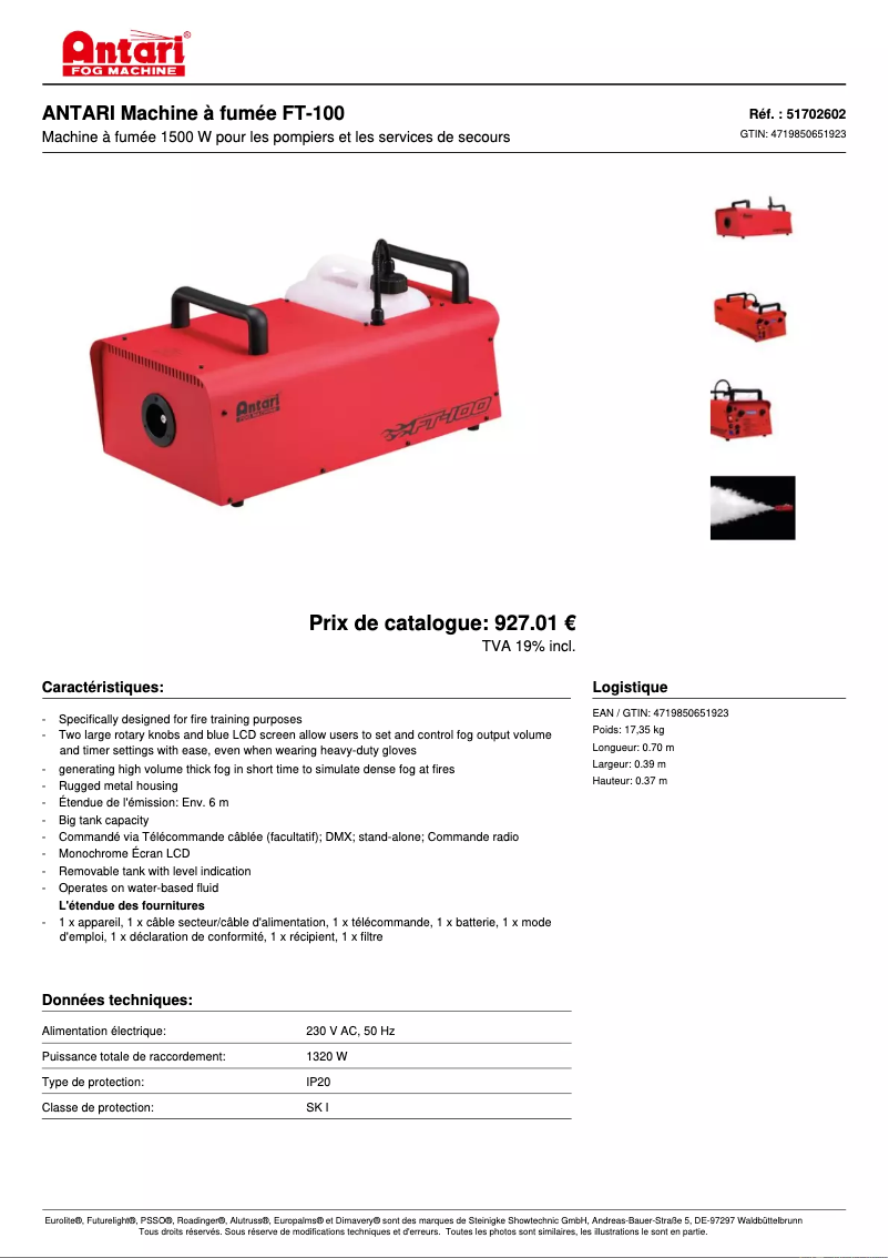 Page 1 of the manual Technical Sheet Antari FT-100