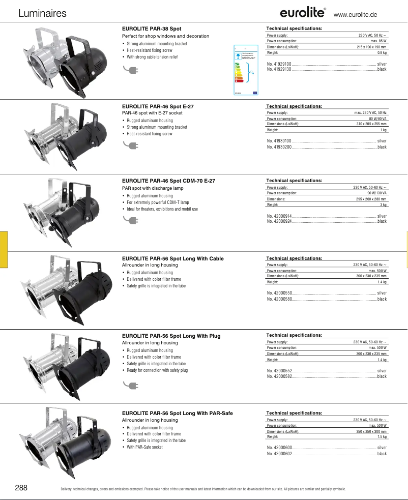 Page 1 of the manual Catalogue Eurolite PAR-38