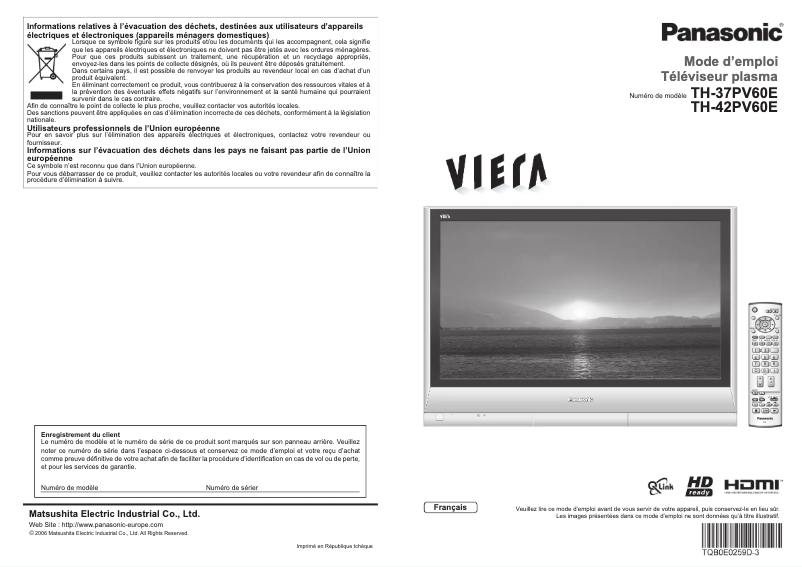First page image of the manual for Viera TH-37PV60E