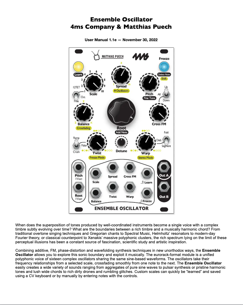 Page 1 of the manual User Manual 4ms Ensemble Oscillator