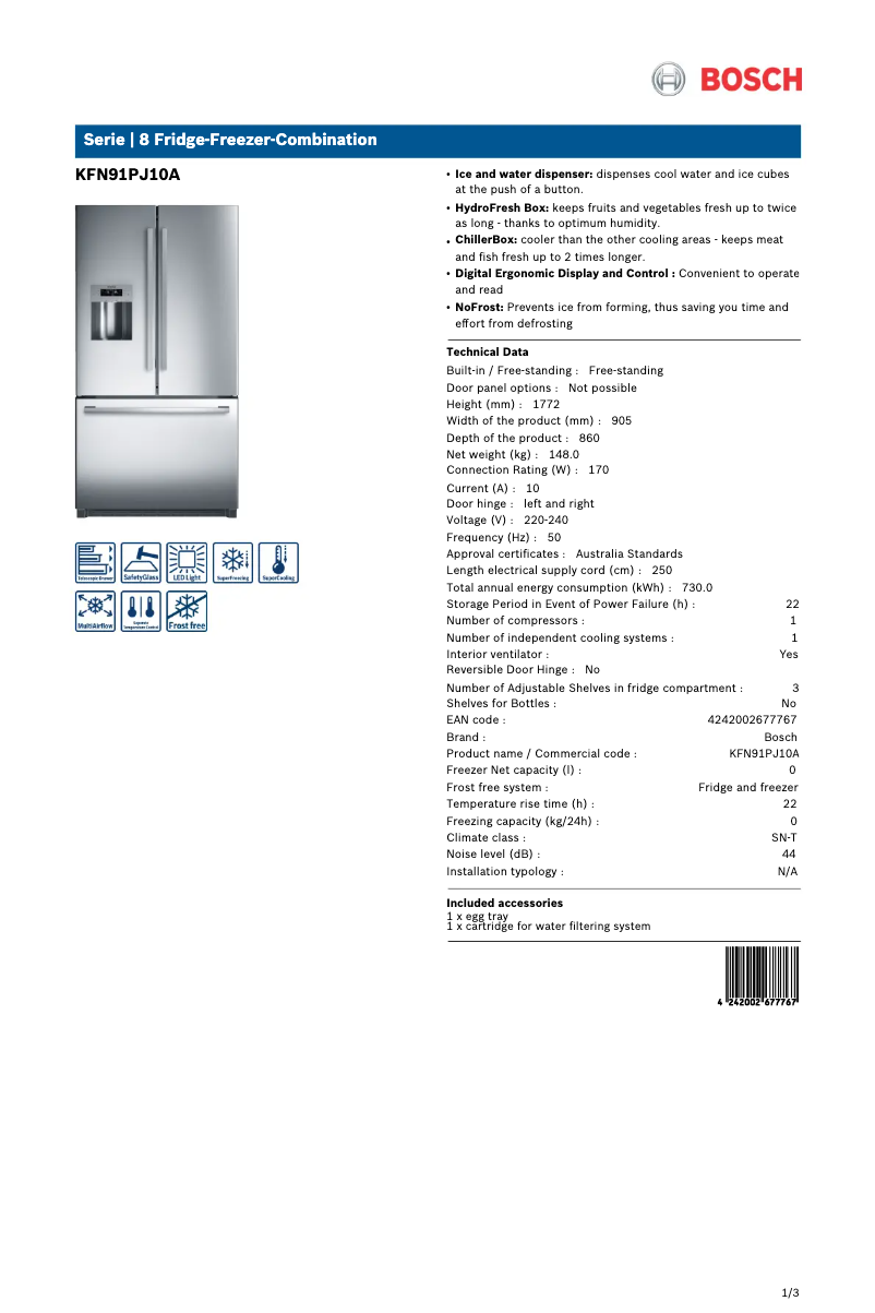 Page 1 of the manual Technical Sheet Bosch KFN91PJ10A