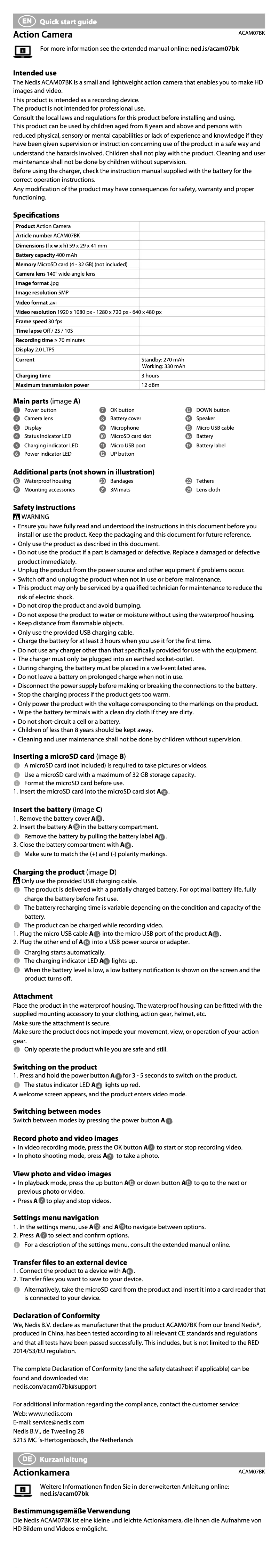 Page 1 of the manual User Manual Nedis ACAM07BK