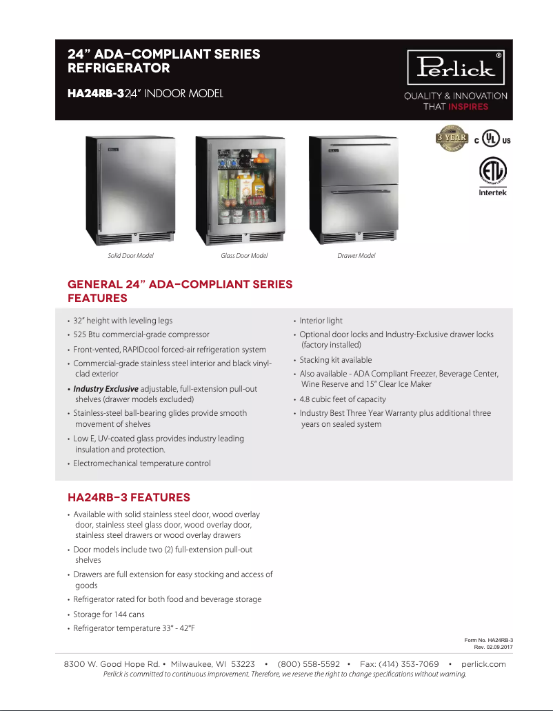 Page 1 of the manual Technical Sheet Perlick HA24RB-3