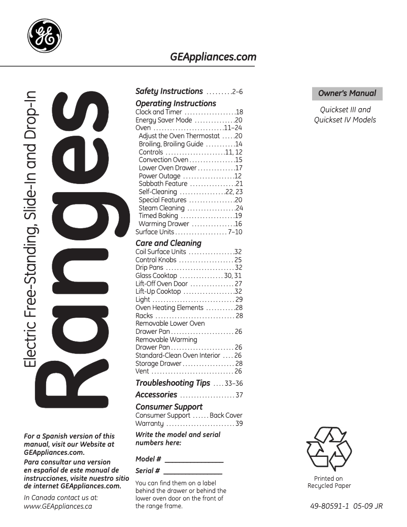 Page 1 of the manual Use and Maintenance Manual GE JB645CPWW