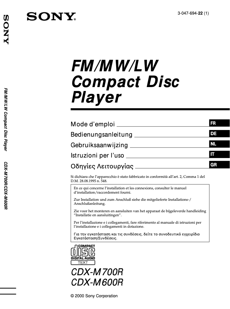 Page 1 of the manual User Manual Sony CDX-M600R