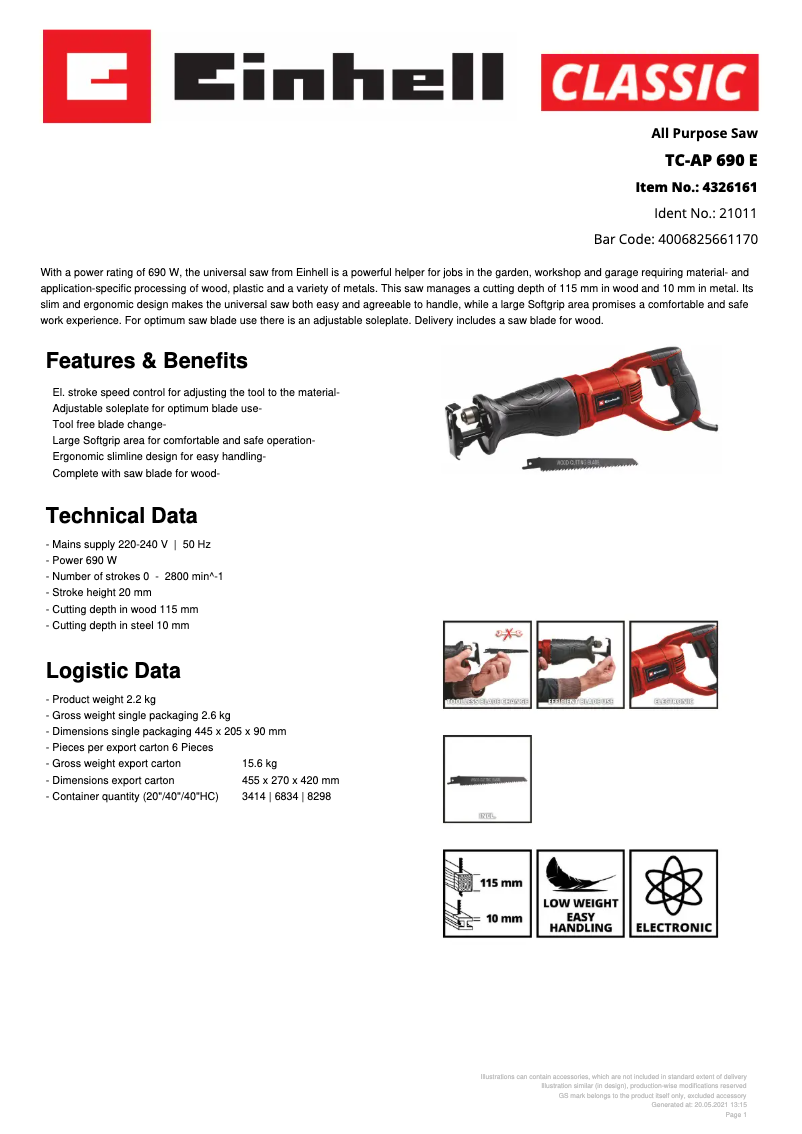 Page 1 of the manual Technical Sheet Einhell TC-AP 690 E
