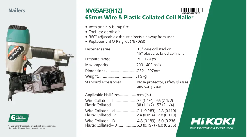 Page 1 of the manual Technical Sheet HiKOKI NV65AF3