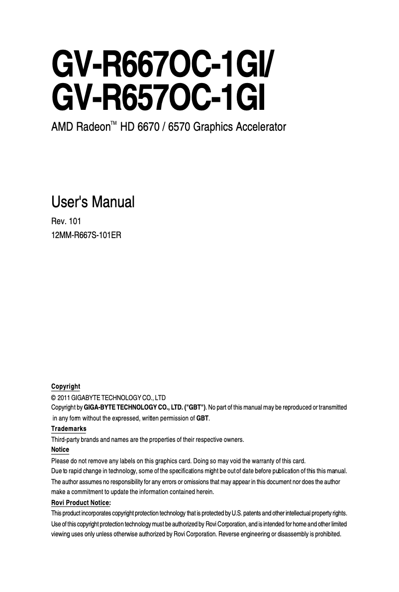Page 1 of the manual User Manual Gigabyte Radeon HD6670