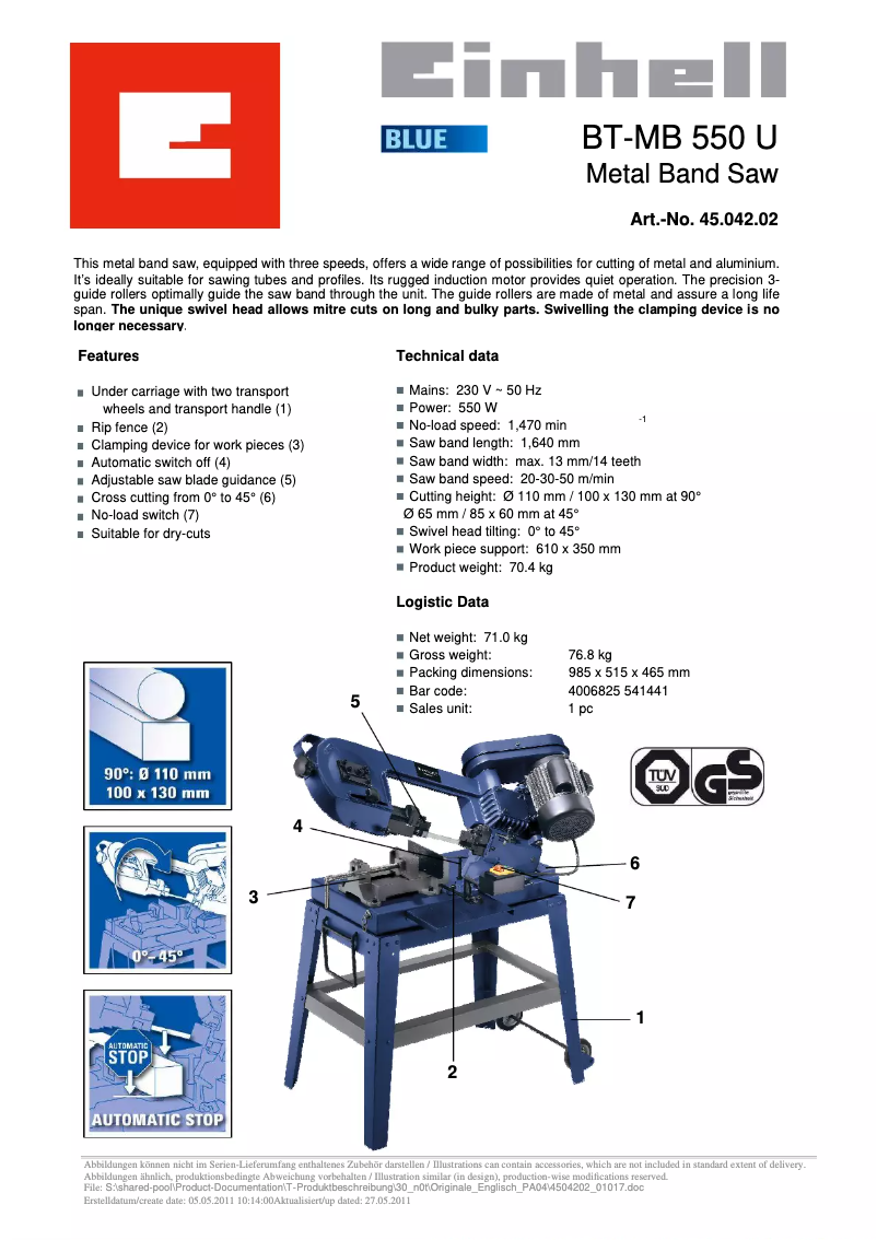 Page 1 of the manual User Manual Einhell BT-MB 550 U