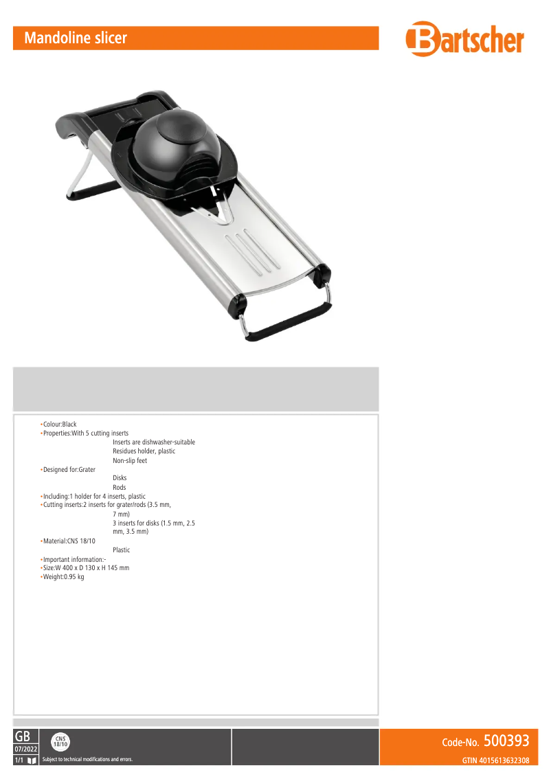 Page 1 of the manual Technical Sheet Bartscher 500393