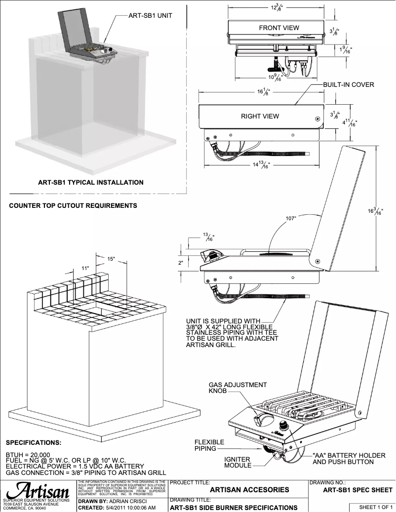 Page 1 of the manual Technical Sheet Artisan ART-SB1