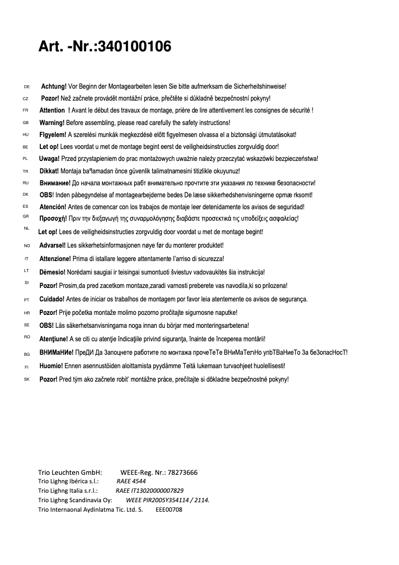 Page 1 of the manual User Manual Trio Lighting Edison II 340100106