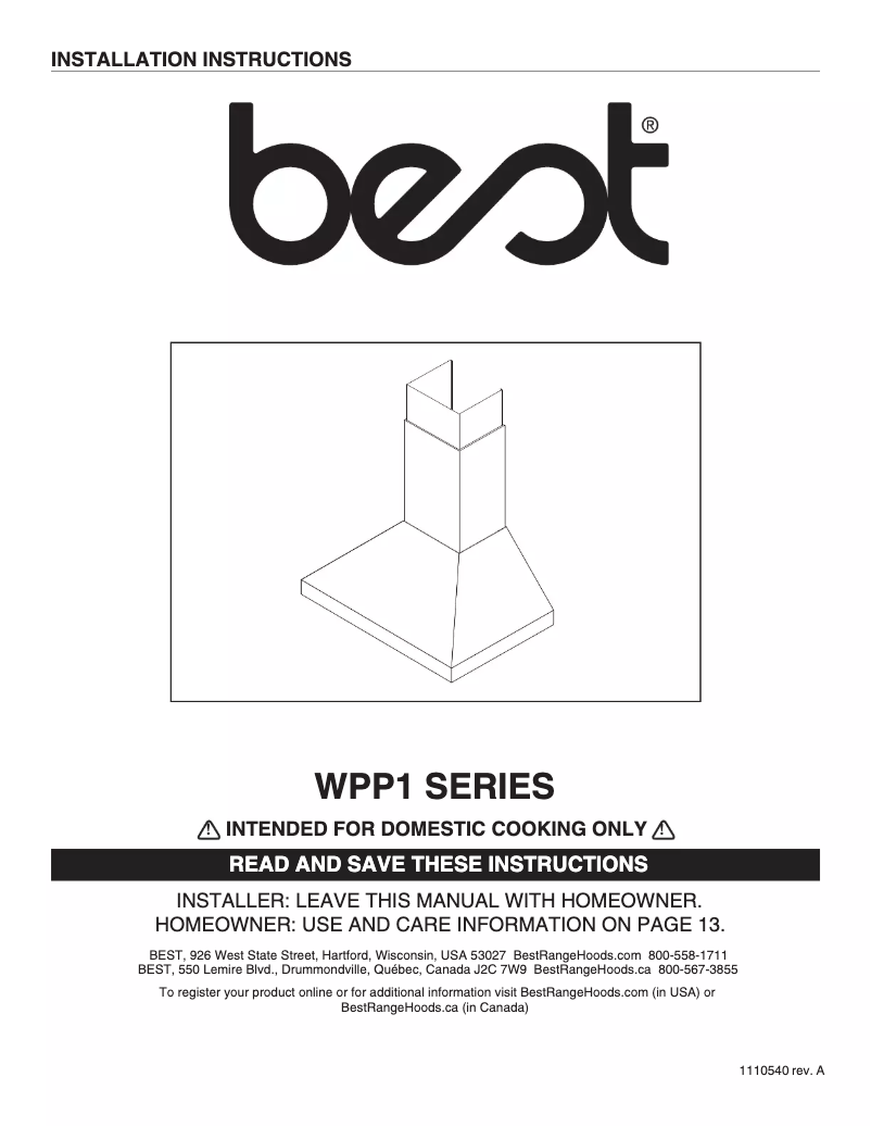 Page 1 of the manual User Manual Best WPP14812SS