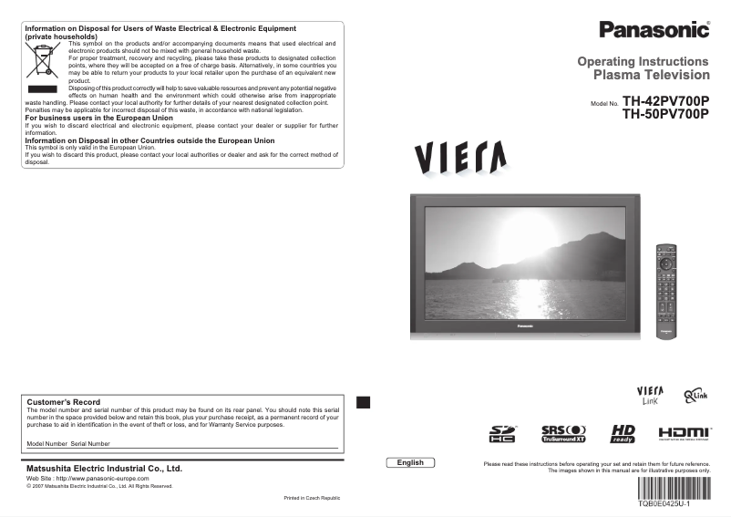 Page 1 of the manual User Manual Panasonic Viera TH-42PV700P