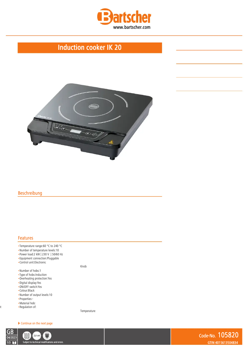 Page 1 of the manual Technical Sheet Bartscher IK 20