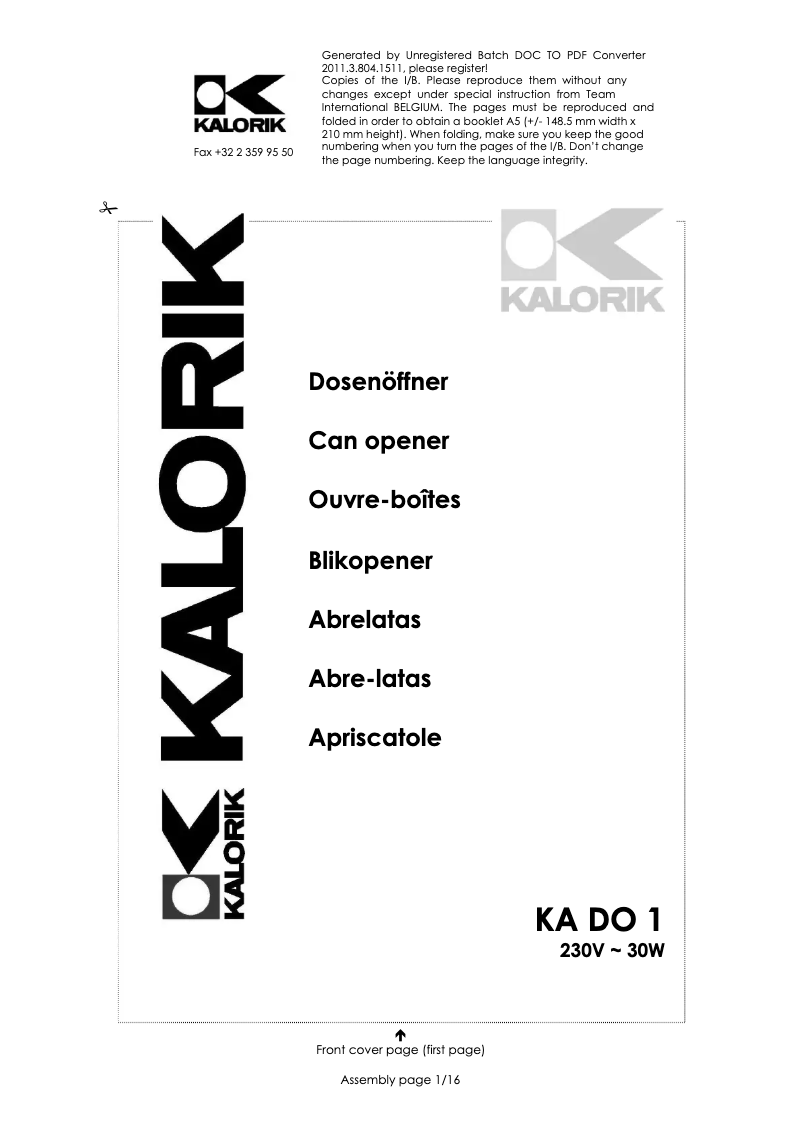 Image de la première page du manuel de l'appareil KA DO 1