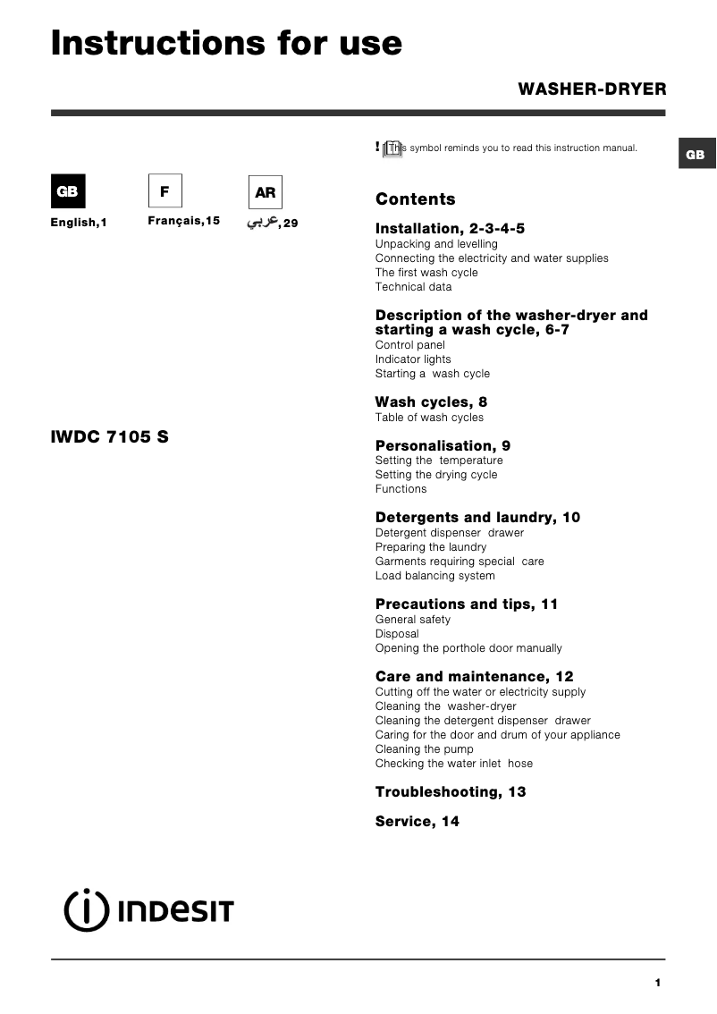 Page 1 of the manual User Manual Indesit IWDC 7105 S (EX)