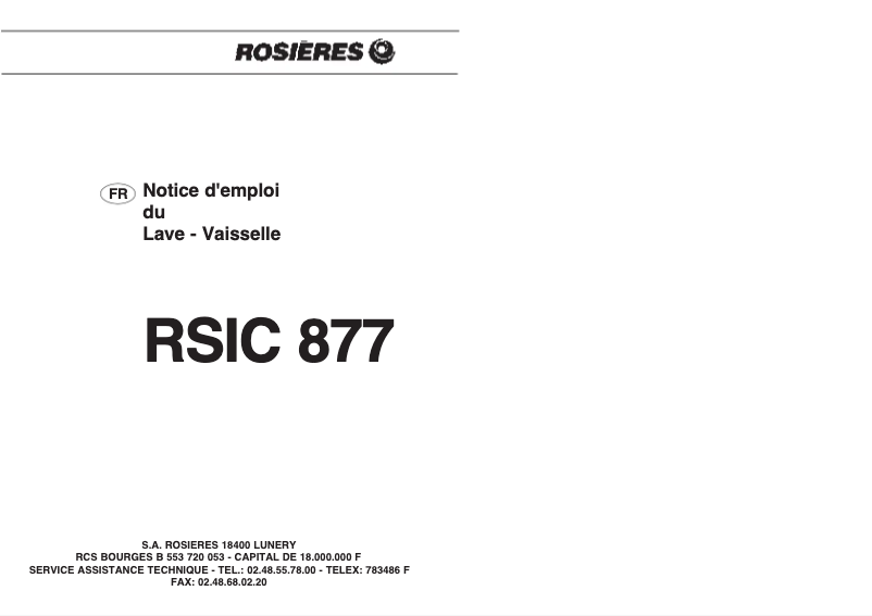 Page 1 of the manual User Manual Rosieres RSIC 877