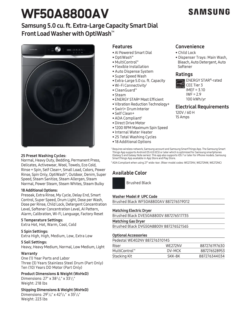 Page 1 of the manual Technical Sheet Samsung WF50A8800AV
