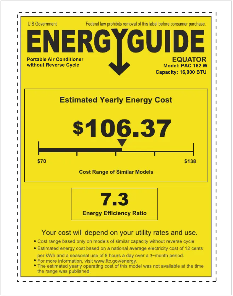 Page 1 of the manual Energy Label Equator PAC 162 W