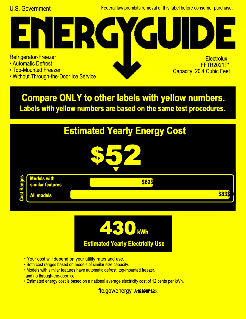Page 1 of the manual Energy Label Frigidaire FFTR2021TS