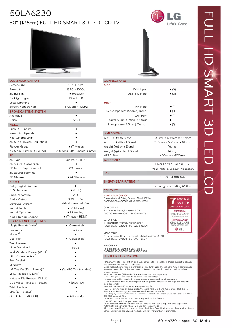 Page 1 of the manual Technical Sheet LG 50LA6230