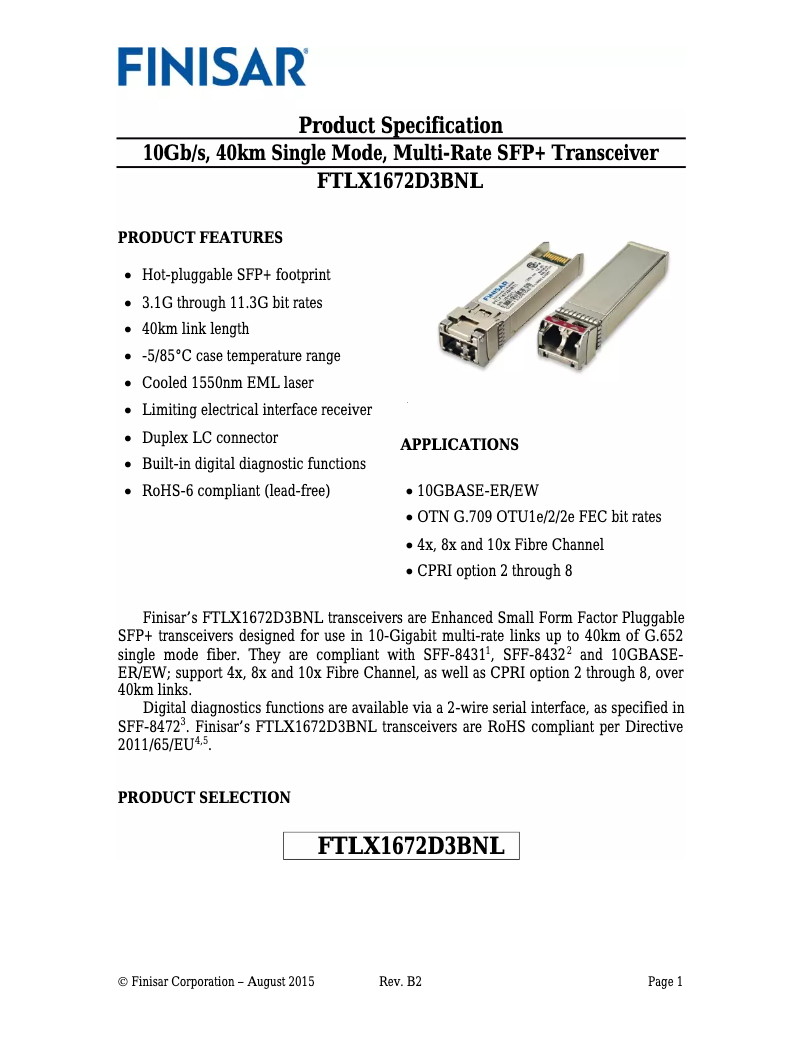 First page image of the manual for FTLX1672D3BNL