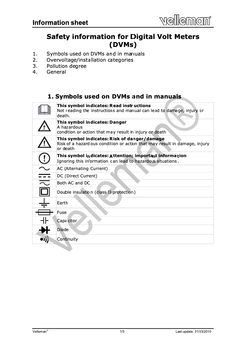 Page 1 of the manual Safety Instructions Velleman DCM100