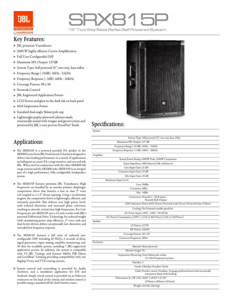 Page 1 of the manual Technical Sheet JBL SRX815P