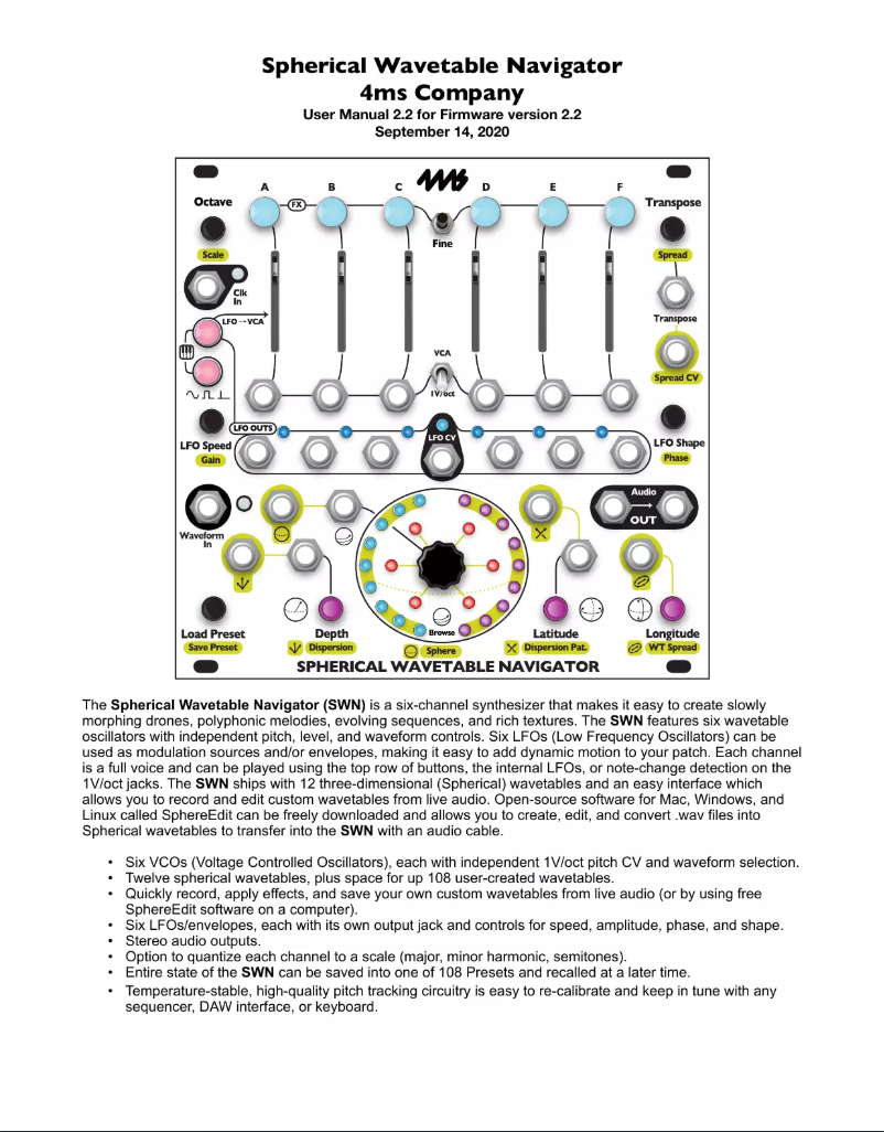 First page image of the manual for Spherical Wavetable Navigator