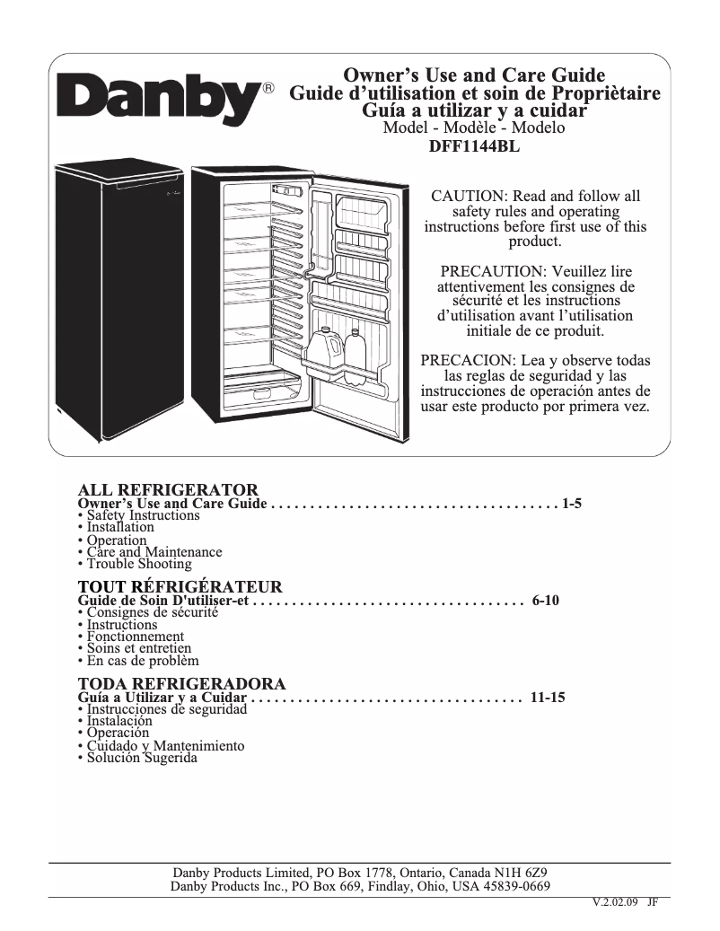 Page 1 of the manual User Manual Danby DFF1144BLS