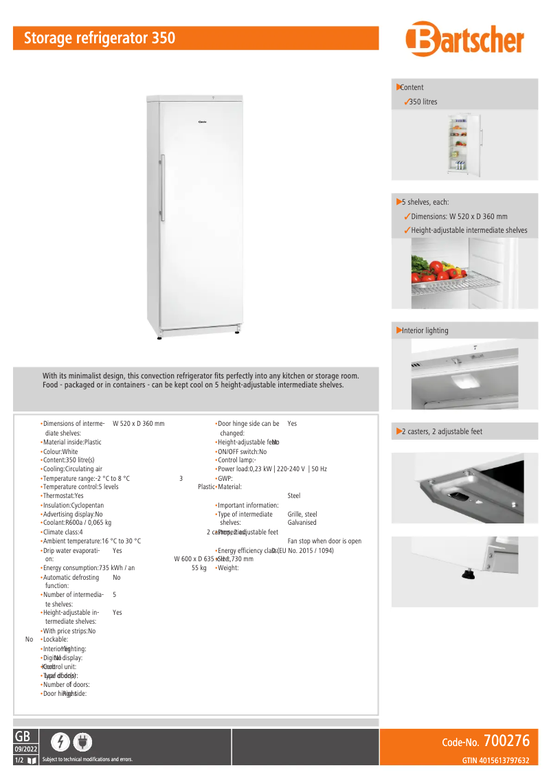 Page 1 de la notice Fiche technique Bartscher 700276