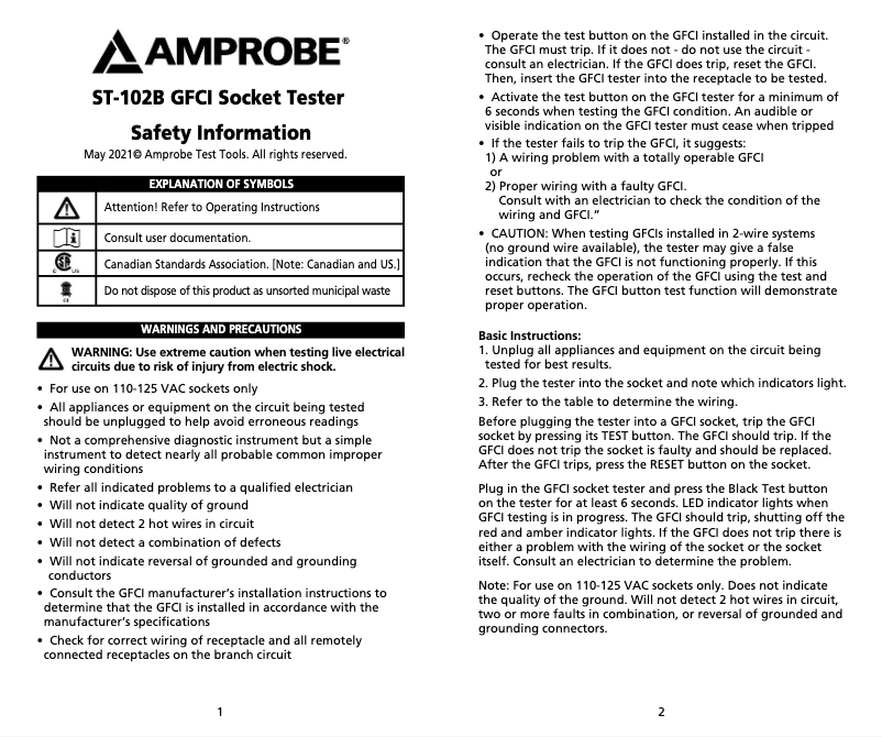 Page 1 of the manual User Manual Amprobe ST-102B