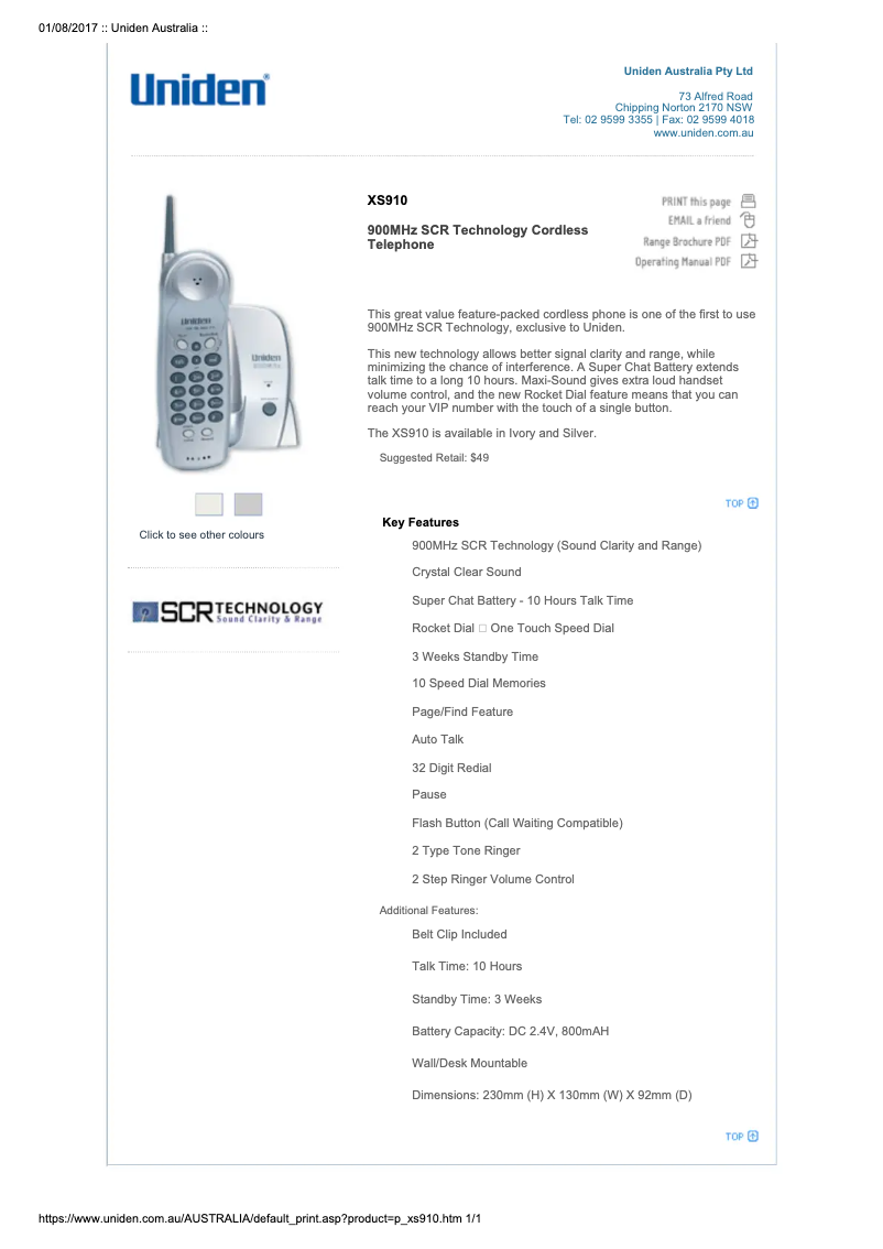 Page 1 of the manual User Manual Uniden XS 910