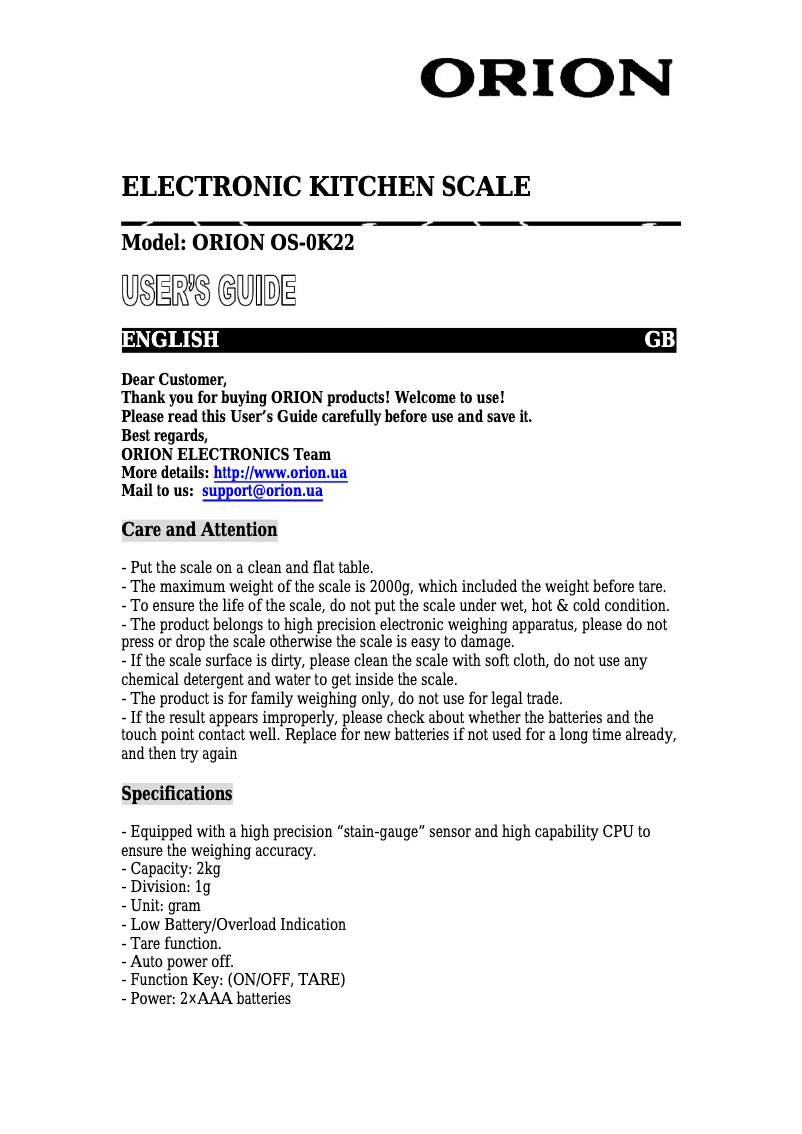 Page 1 de la notice Manuel utilisateur Orion OS-0K22