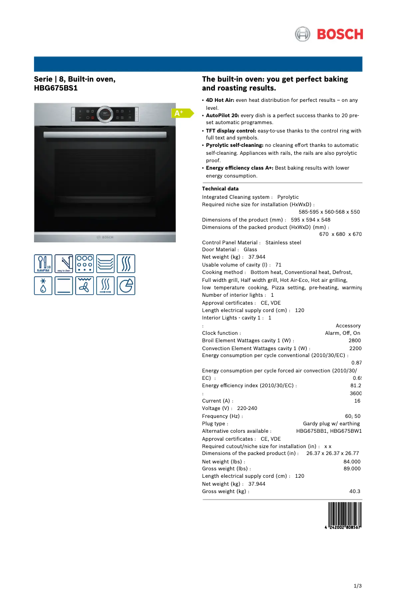 Page 1 of the manual Technical Sheet Bosch HBG675BS1B