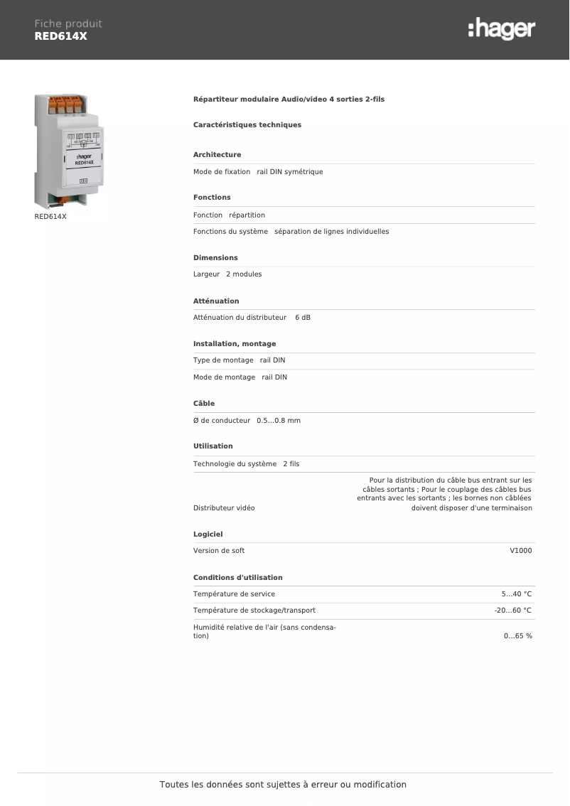 Page 1 of the manual Technical Sheet Hager RED614X