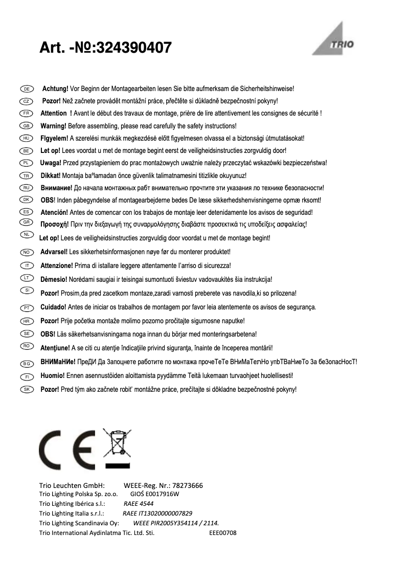 Page 1 of the manual User Manual Trio Lighting Senator