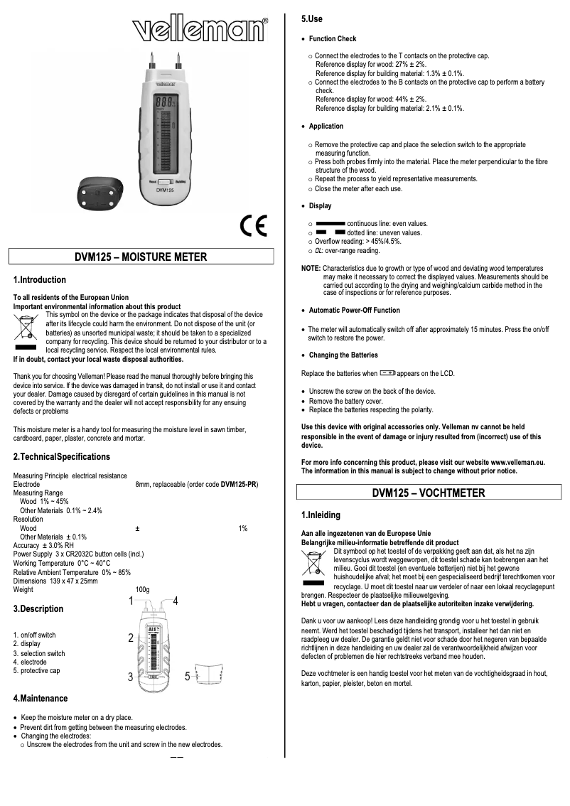 Page 1 de la notice Manuel utilisateur Velleman DVM125