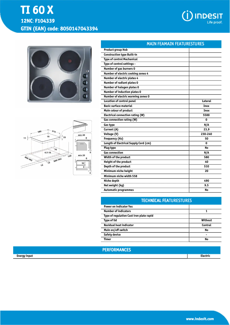 Page 1 of the manual Technical Sheet Indesit TI 60 X